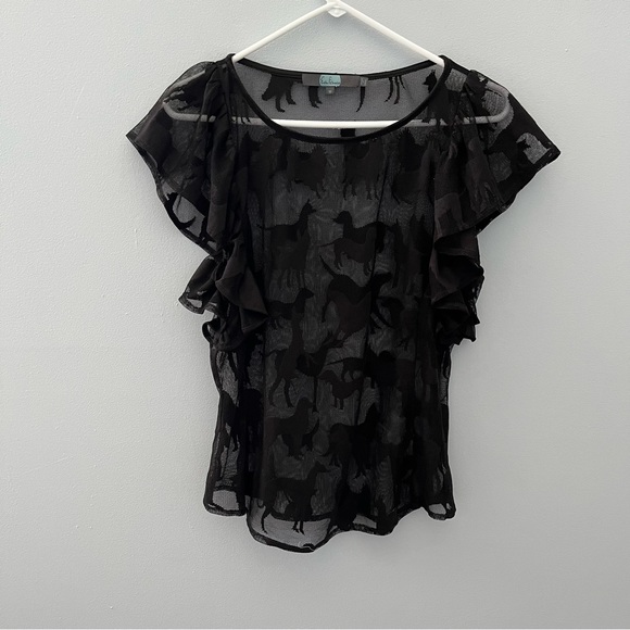 Eva Franco Lace Ruffle Cap Sleeve Dog Print Top Womens M Black - Picture 1 of 5